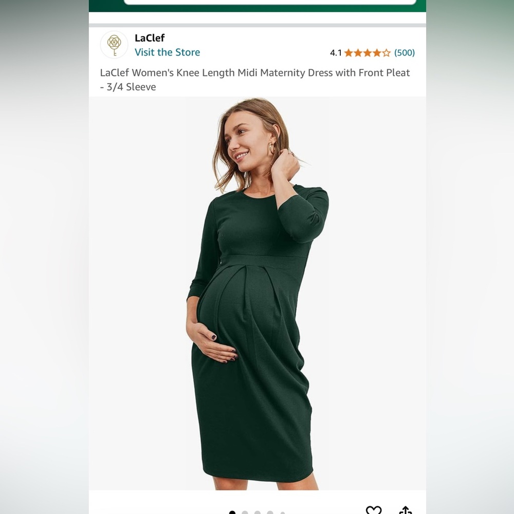 LaClef Women's Knee Length Midi Maternity Dress with Front Pleat - 3/4 Sleeve
